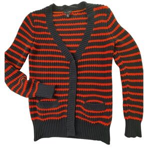 Tommy Hilfiger Womens Striped Chunky Knit Cardigan Navy Red Snap Front Medium